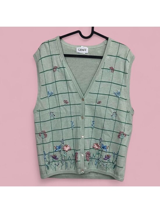 American Vintage Jackets & Blazers - vintage 90s green floral plaid whimsical whimsy cottagecore sweater vest